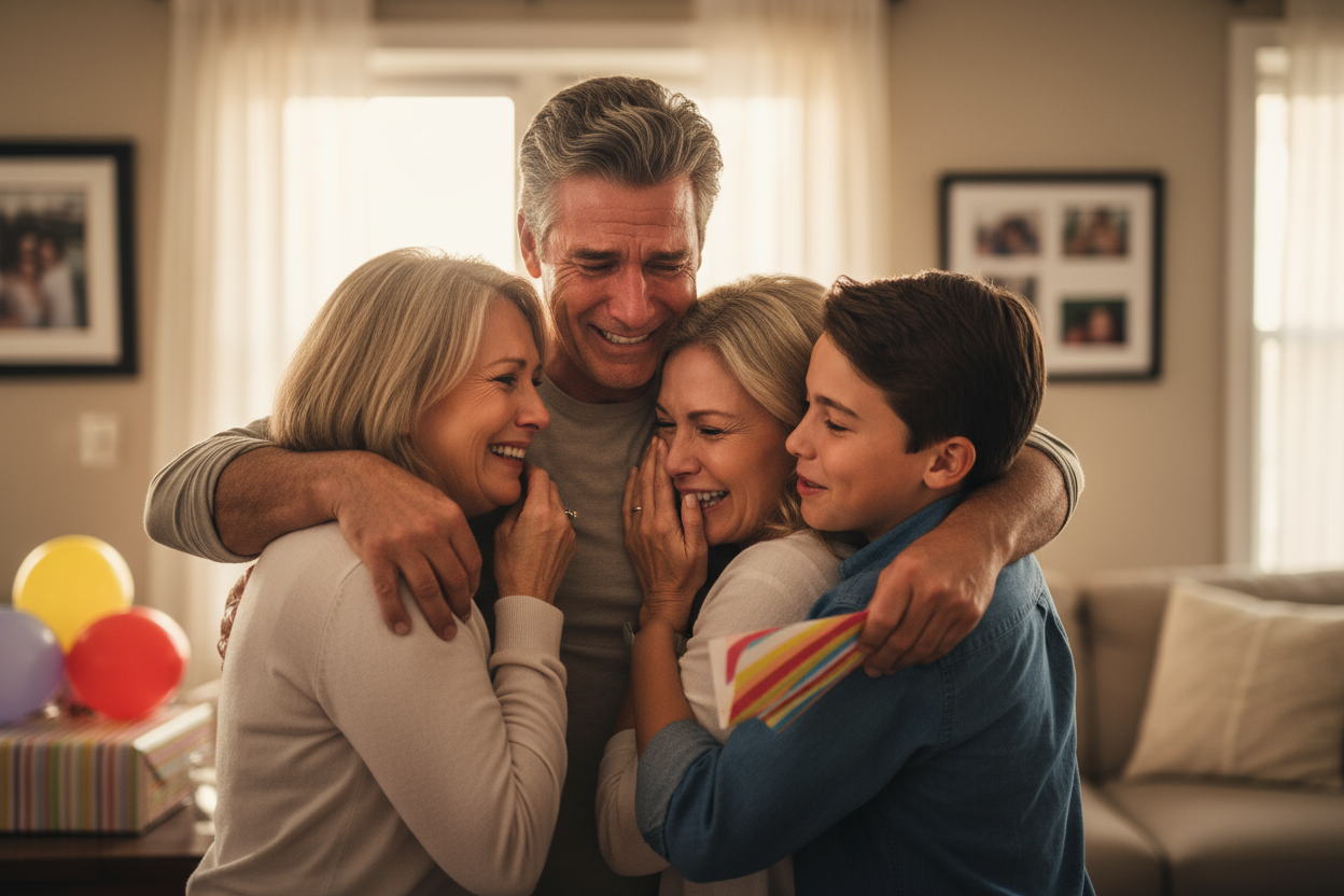 Create an image of a family, very happy and full of joy as they receive a birthday card given to the father, the family is hugging each other with tears of joy